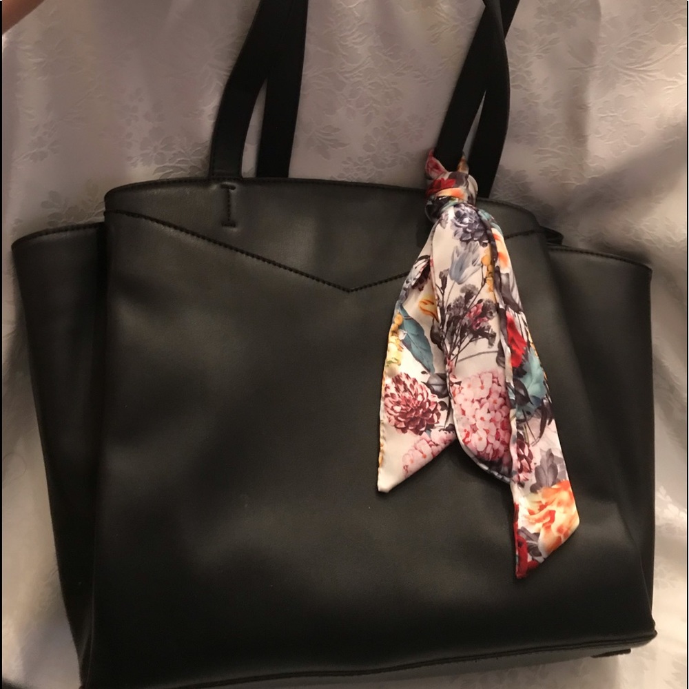 Black tote bag with scarf